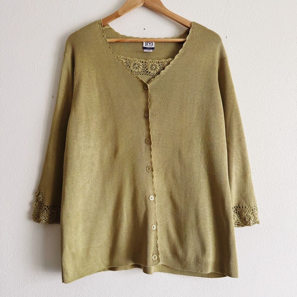 90s vintage olive green tank and cardigan sweater set w/ crochet details